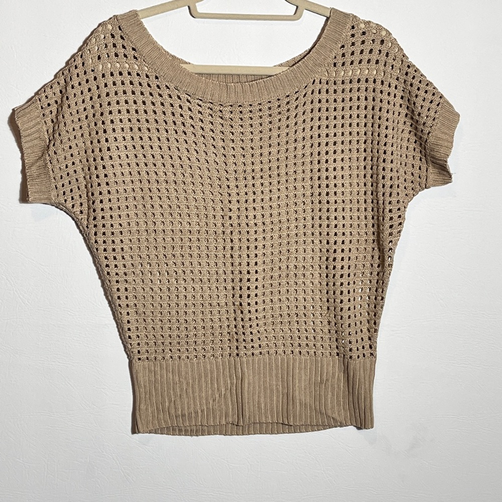 Liv On Y2K Tan Crochet Knit Vintage Top Large Short Sleeve Sweater